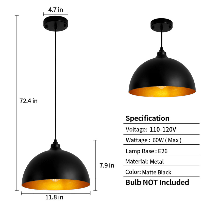 Luminaire suspendu simple en métal noir 11,8 po Menchaca