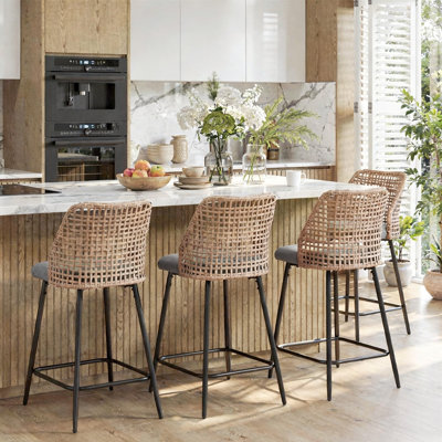 Upholstered Light Gray Rattan Full Back Counter Swivel Bar Stool