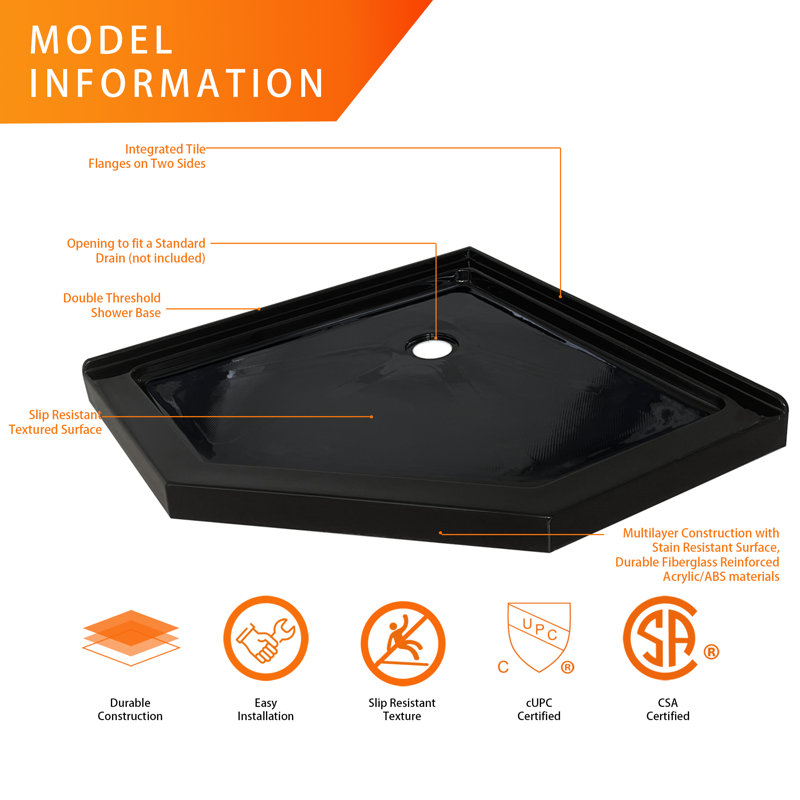 38"W x 38"D Neo-Angle Double Threshold Acrylic Shower Pan Base with Slip-Resistant Textured Floor and Corner Drain