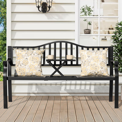 E-coated Metal Frame Outdoor Bench With Backrest And A Built-in Small Table
