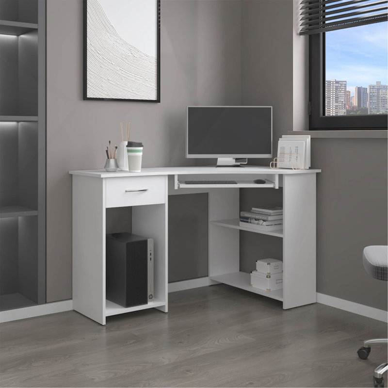 Bureau en coin en forme de L avec deux tablettes latérales peu encombrantes, blanc