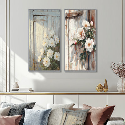 Pivoines par la porte de grange I - Collection d'art mural floral 2 pièces