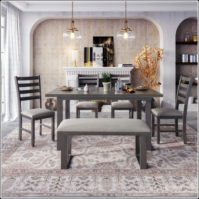 Ensemble de salle à manger 6 pièces en bois massif avec table rectangulaire et 4 chaises avec banc