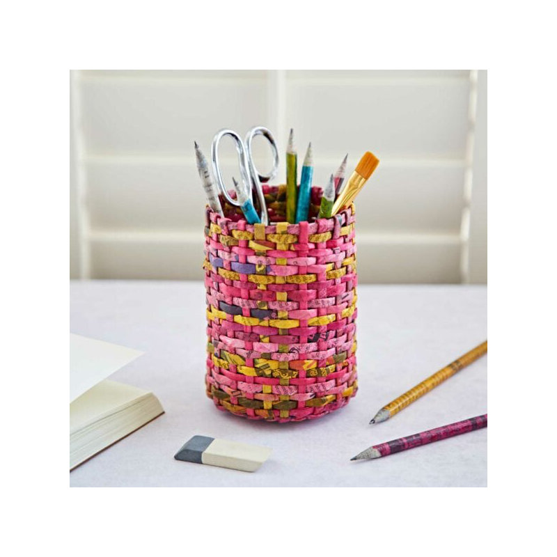 Round Recycled Newspaper Pencil Holder, Red/Pink/Yellow