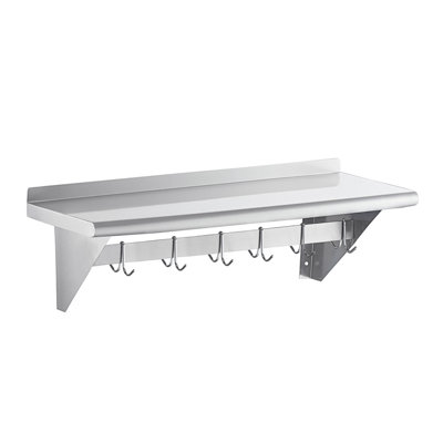 12 in. x 48 in. Stainless Steel Wall Mounted Pot Rack with Shelf and Hooks