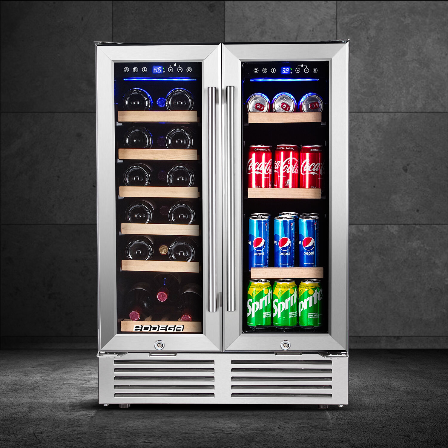 Refroidisseur/Réfrigérateur à vin autonome à deux zones avec tablettes en  bois, capacité de 38 bouteilles, acier inoxydable