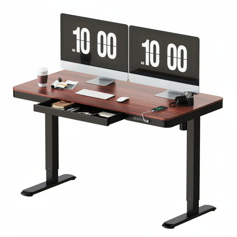 Bureau debout à hauteur réglable de 48 po / 55 po avec tiroir Home Office, Acajou / Noir, H 46,5 po x l 55 po x P 28 po