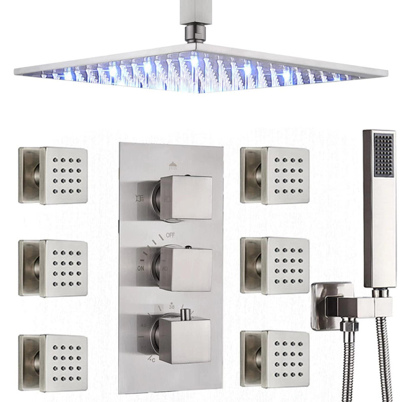 Ensemble de robinet de douche thermostatique 12 "à DEL avec douchette de pluie thermostatique