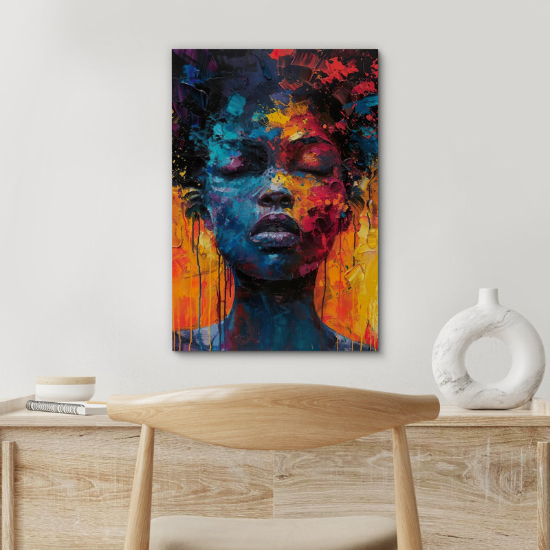 «Pop Urban Street», orange, bleu, afro-américain, portrait féminin, chambre à coucher, œuvre d'art encadrée sur toile