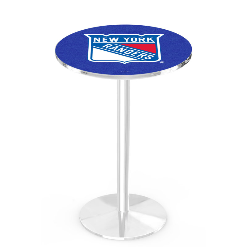 NHL Round Metal Base Dining Table, Chrome, New York Rangers