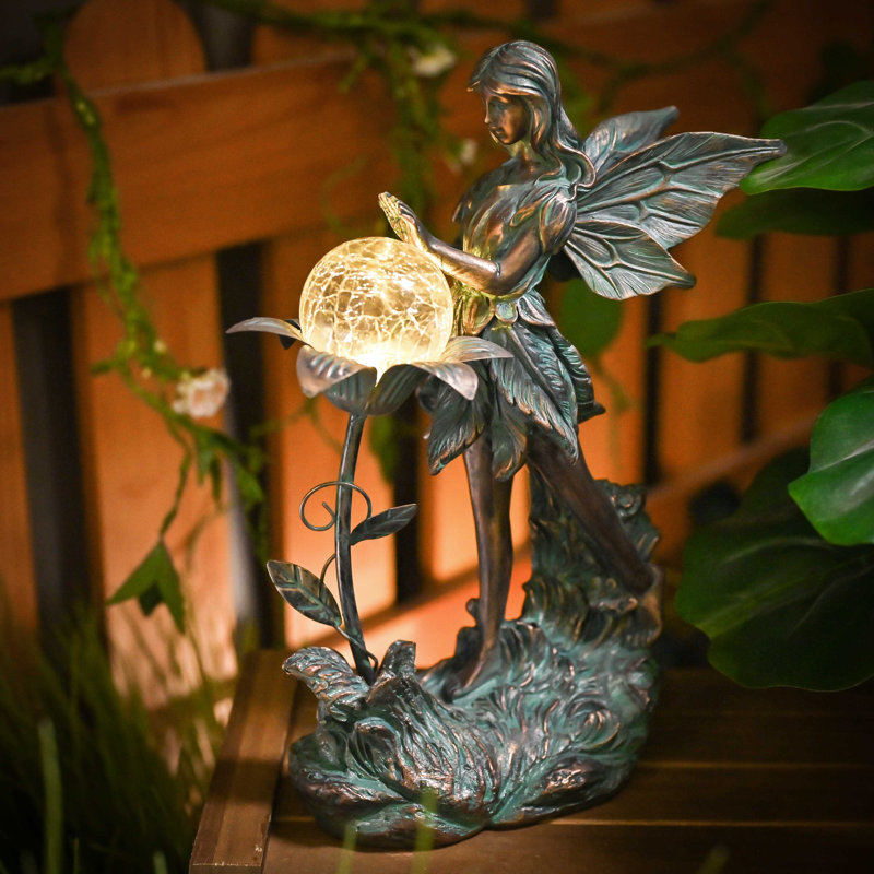 Sculptures et statues de fées de jardin en bronze 10,6 "avec lumière solaire extérieure