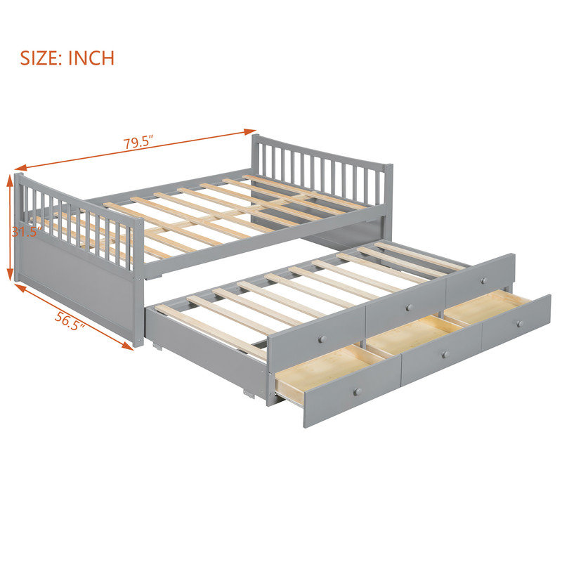 Lit de jour double polyvalent avec lit gigogne et 3 tiroirs de rangement, Gris