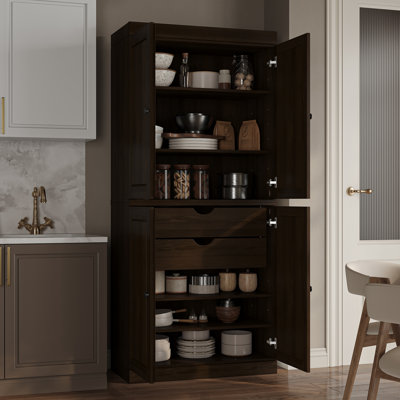 Armoire de cuisine haute 100% en bois massif avec portes et 2 tiroirs Bryani, tablettes réglables, armoire de rangement modulaire, l 32 po x H 71,5 po