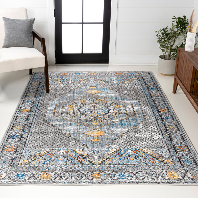 Nola Geometric Vintage Medallion Gray/Mustard/Turquoise Rug, Rectangle 5'3" x 7'7"