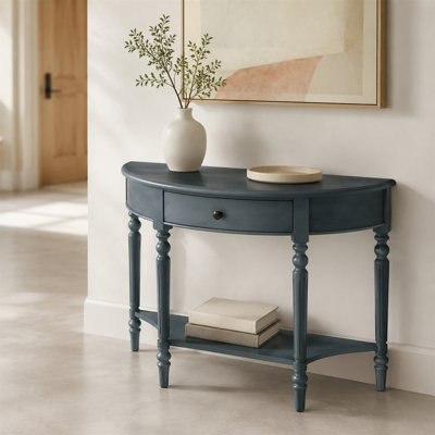 Console en demi-lune, avec tiroirs et tablettes, avec pieds en bois massif et plateau en panneau de fibres à densité moyenne, idéale comme table de canapé ou table décorative pour les entrées, les salons, les couloirs et les vestibules, style Mid-Century moderne, bleu marine
