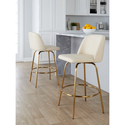 Ensemble de 2 tabourets de comptoir contemporains à hauteur fixe avec pivot en similicuir et métal doré Toriano