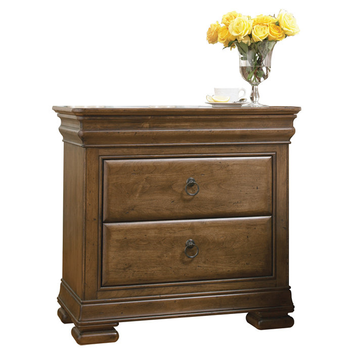 Nouvelle table de chevet Lou à 2 tiroirs en bois massif, Cognac