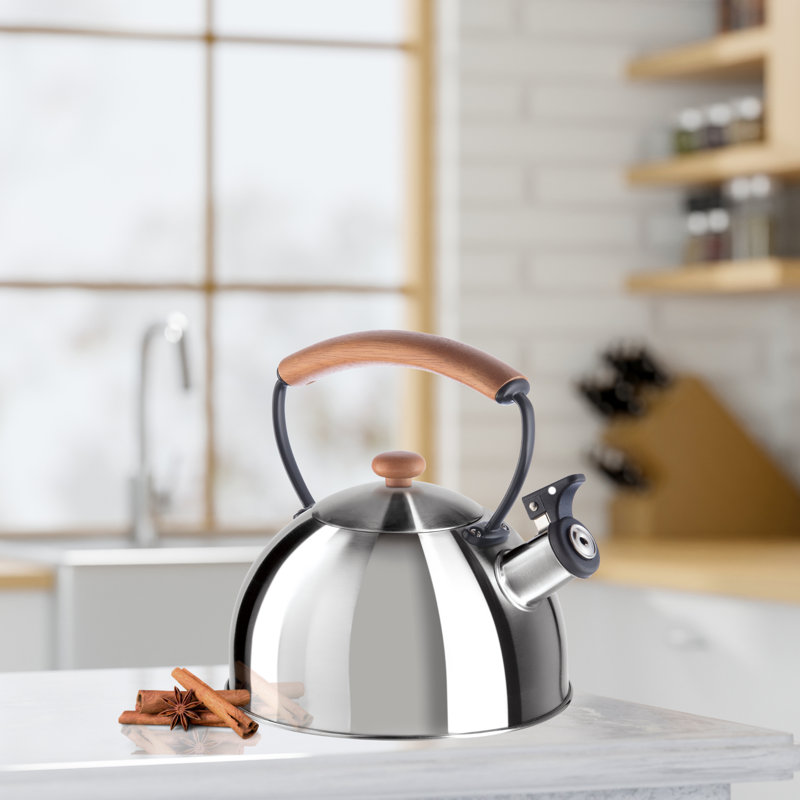 Silver Stainless Steel Whistling Tea Kettle with Wood Handle, 2.5 Liters