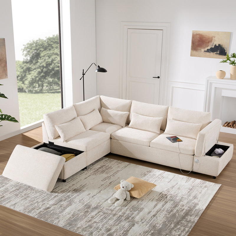 Canapé-lit modulaire de 107 po avec canapé-lit, accoudoirs réglables en forme de L, charge USB et de type C, repose-pieds avec rangement à mouvement libre