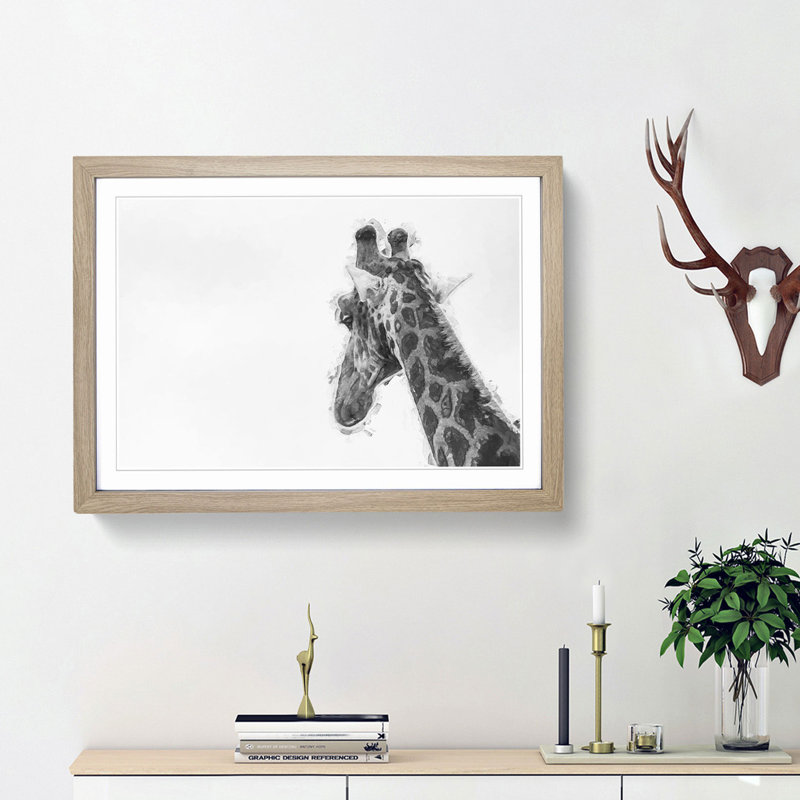 Monochrome Giraffe - Picture Frame Graphic Art Print, 27cm H x 36cm W x 2cm D, Oak Framed