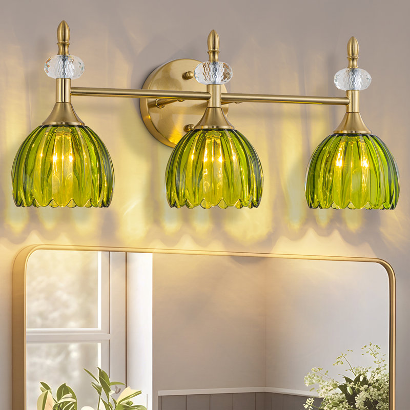3-Light Floral Wall Sconce Tulip Glass Shade, Green