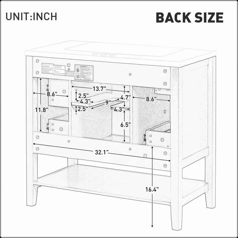 Meuble-lavabo de 36 pouces en bois massif et panneau de fibres à densité moyenne avec lavabo, une armoire et trois tiroirs pour les salles de bain modernes