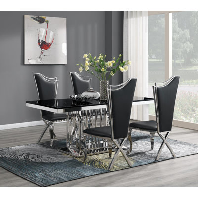 Table de salle à manger (marbre noir) et 6 chaises en cuir noir