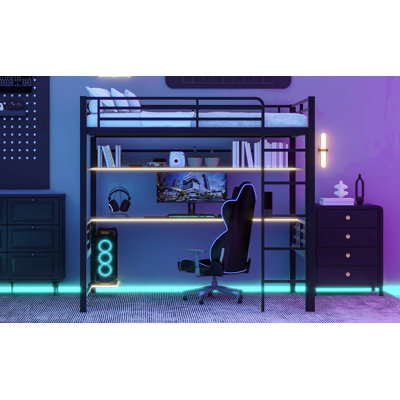 Full Size Metal Loft Bed Frame With Storage Shelf And LED Light