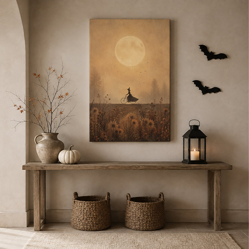 Sorcière chevauchant une bicyclette sous une grande lune sur toile d'Halloween, H 36 po x l 24 po