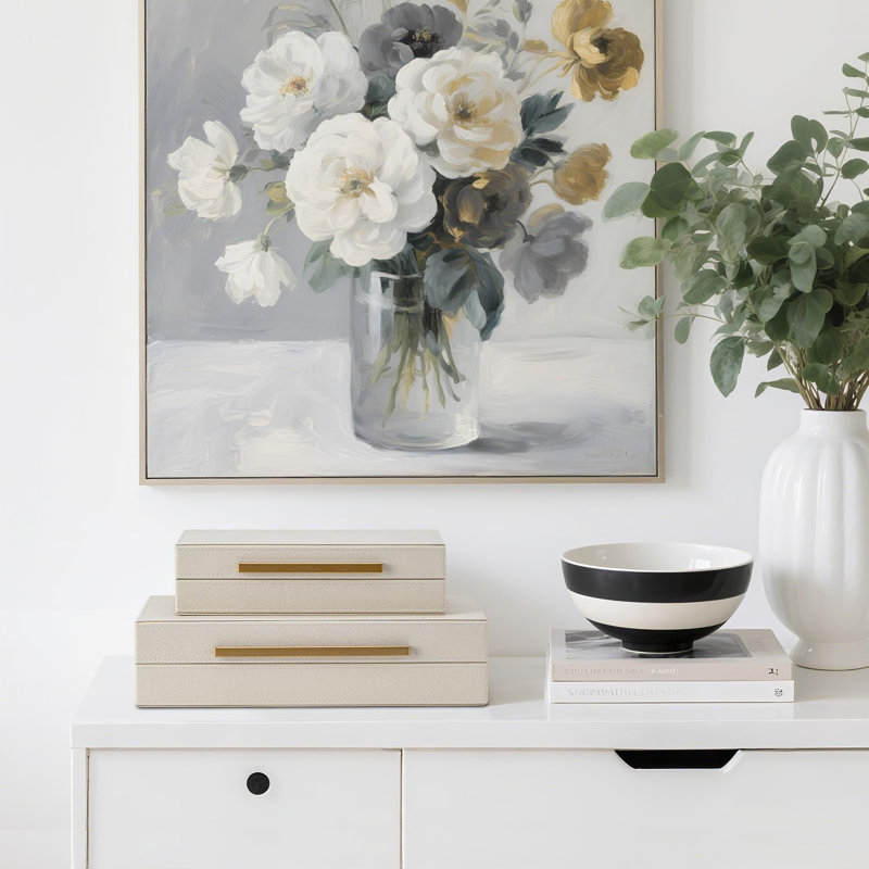 Ensemble de 2 boîtes de rangement décoratives chagrin beige avec poignées en métal doré