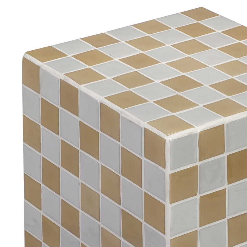 Callista Modern 18" Khaki Yellow Ceramic Tiled Cube Side Table, Glossy Square Mosaic Pedestal Accent End Table for Living Room & Bedroom