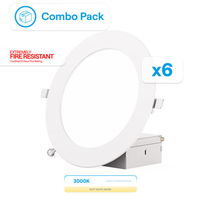 Ensemble de plafonniers encastrés à DEL de 6 pouces Infibrite Thin, deux heures de résistance au feu, lumière blanche chaude de 3000 kelvins, finition blanche, 12 watts, 1050 lumens, intensité variable, indice d'humidité, ensemble de 6