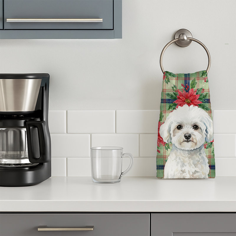 Bichon Frise Christmas PoinsettIas Kitchen Towel, White Bichon Frise