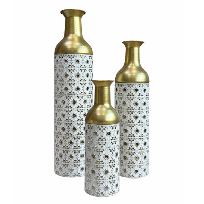 White Gold Handcrafted Cutout Hollow Metal Tall Decorative Floor Vase,Set of 3