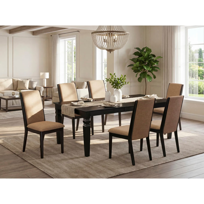 7 Piece Dining Table Set Consist of a Rectangle Wooden Table with Butterfly Leaf and 6 Light Sable Linen Fabric Upholstered Chairs, Black