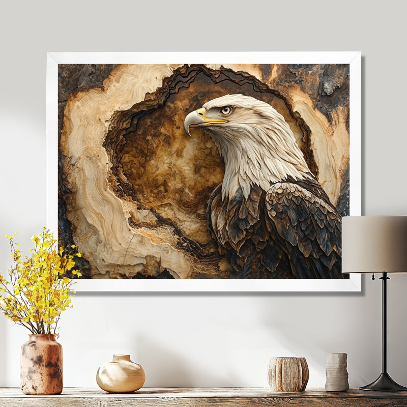 Tête d'aigle Gerbrig sur une glissade en bois I - grand art mural aigle, H 24 po x l 32 po, Blanc, Cadre flottant