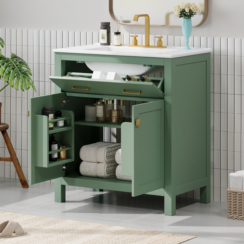Meuble-lavabo de salle de bain avec lavabo en céramique, armoire 2 portes et rangement pratique, Vert