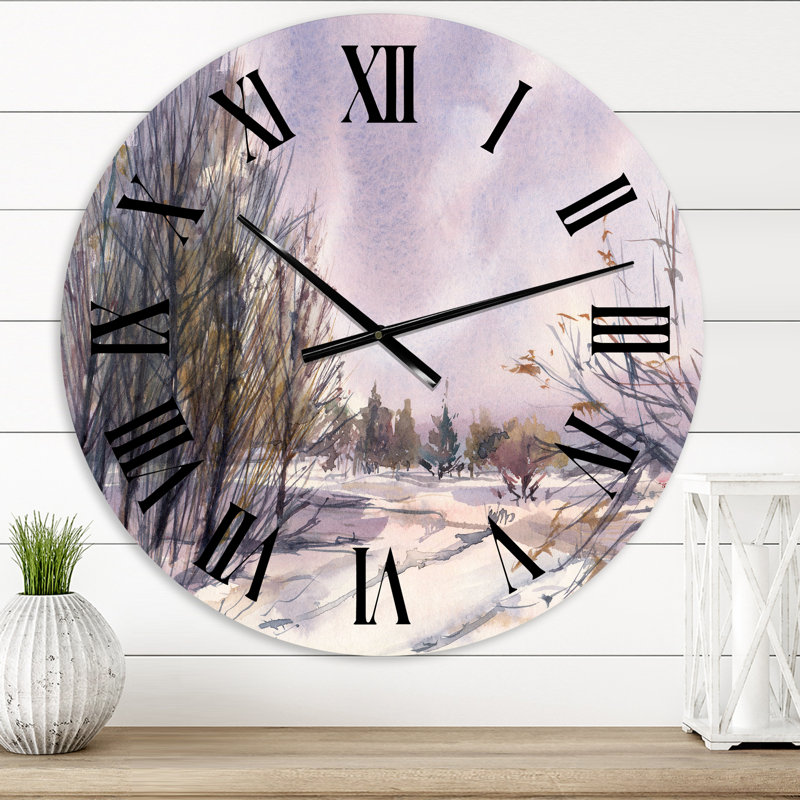 Paysage d'hiver avec des tons de neige mauves - Horloge murale traditionnelle, Petit