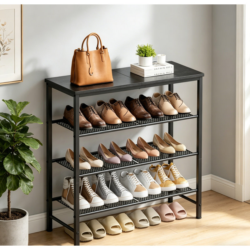 Shoe Rack - 4-Tier Shoe Organizer with Wooden Top & Leveling Feet, Easy-Assembly, Rust-Resistant Metal Shoe Shelf for Closet, Entryway, Bedroom, 29.5" x 11.4" x 24.8", Black