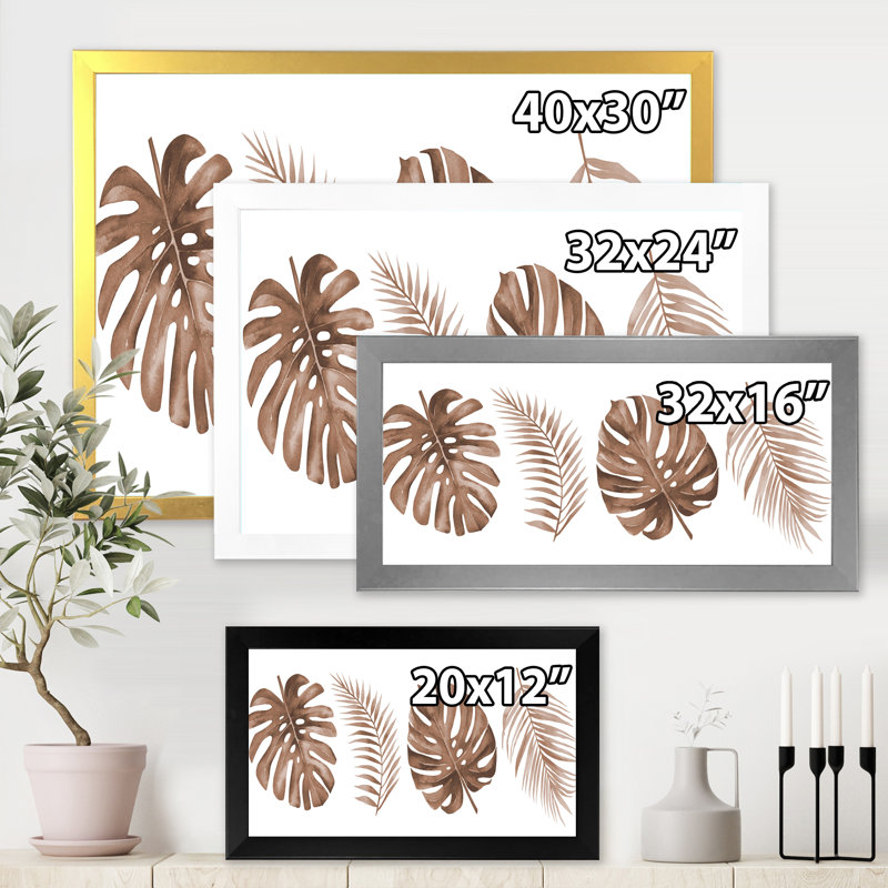 «Tropical Monstera And Palm Leaf In Terracotta», reproduction d'art sur toile encadrée, H 16 po x l 32 po x p 1 po