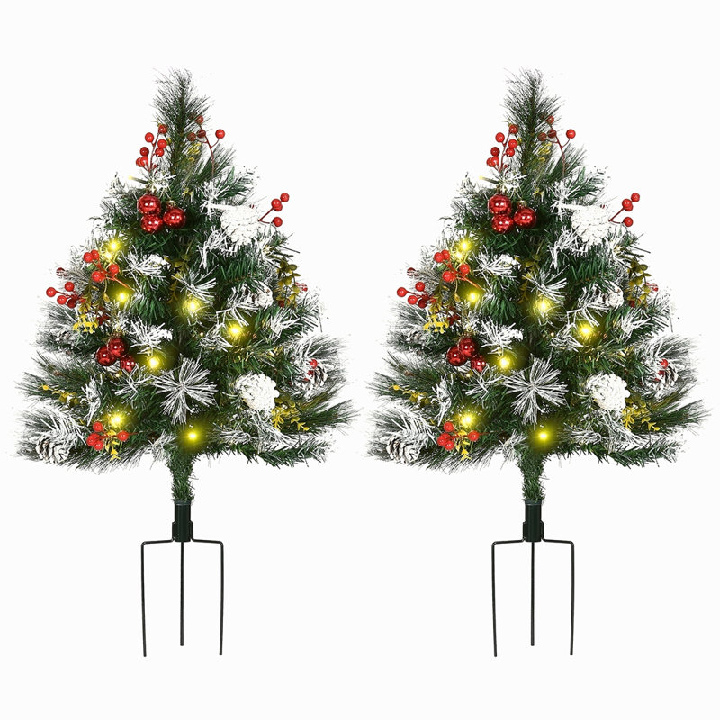 Arbre de Noël artificiel pré-éclairé 2,5 pi avec 2 branches 2,5 pi / 30 po, 70 lumières DEL blanc chaud, baies rouges, pommes de pin et boules