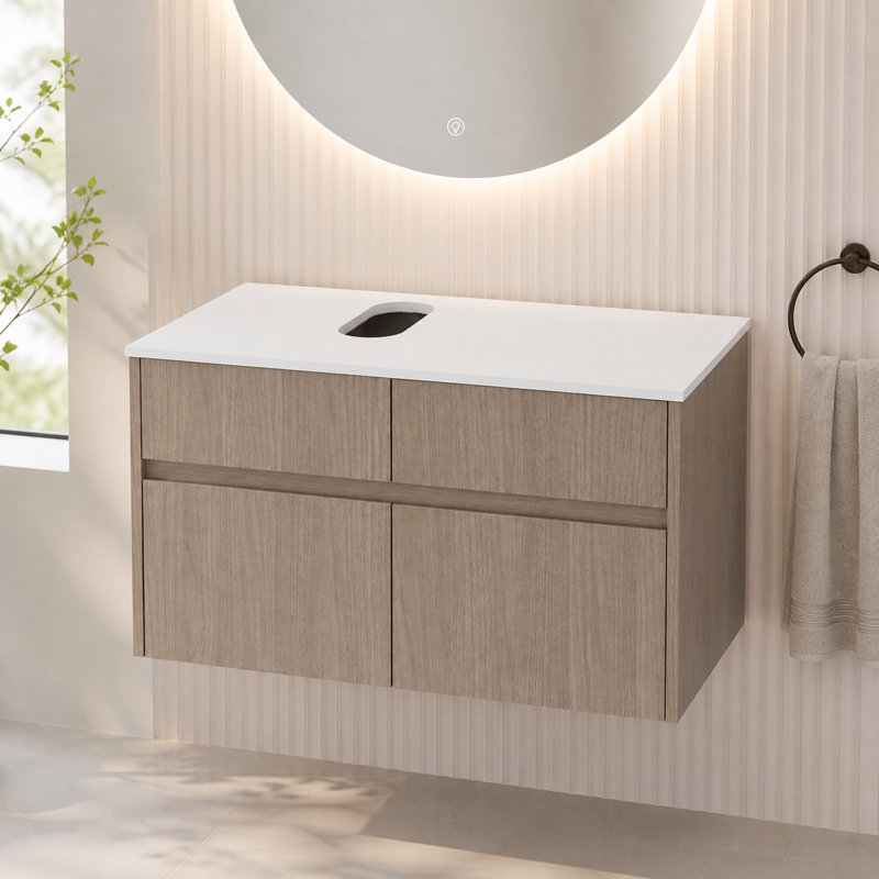  Modern Walnut Wall Mounted Bathroom Vanity Base Cabinet, Soft Close Doors & Drawer