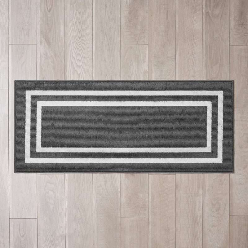 Double Border Machine Tufted Performance Dark Gray/White Rug, Runner 2'2" x 6'
