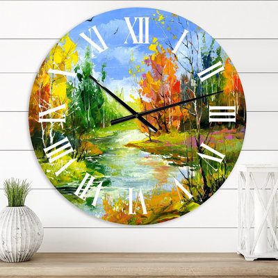 Autumn Landscape With The Wood River - Lake House wall clock