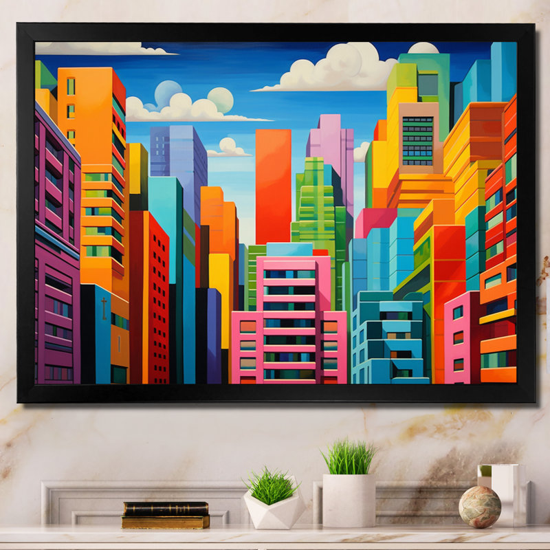 Pop Art Miami Cityscape III, reproduction d'art sur toile, H 12 po x l 20 po x P 1 po, Cadre simple noir
