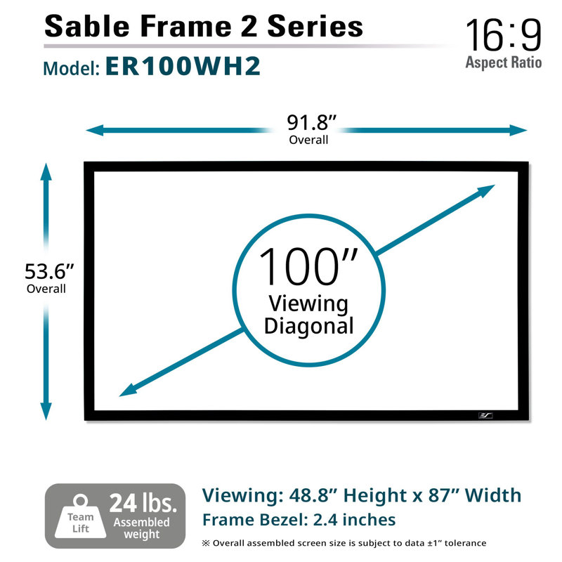 Sable Frame 2 Series Fixed Frame Wall Mounted Projector Screen, Matte White, Black velvet frame, 100" Diagonal