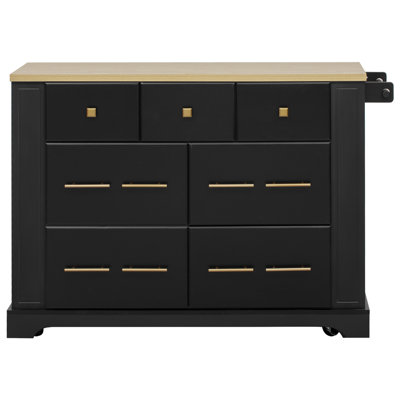 Kitchen Island with 6 Drawers, Pull Out Trash Can Storage, Rolling Kitchen Island on 5 Wheels with Drop Leaf, Power Outlet, 5 Open Side Racks for Kitchen, Dining Room