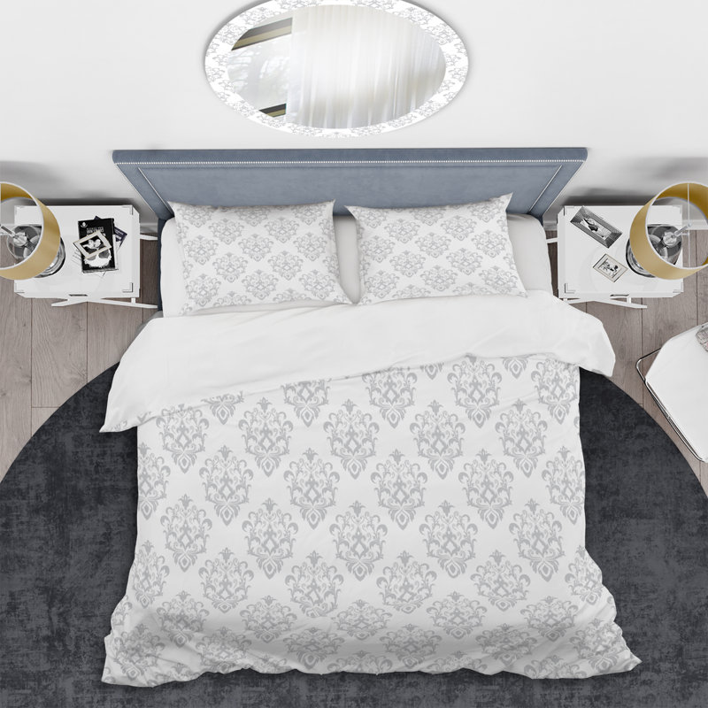 Ensemble de housse de couette à motif damas blanc et baroque blanc - Microfibre de polyester