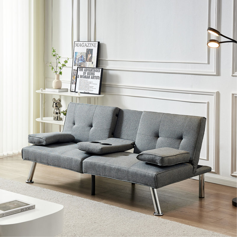 Lit de jour convertible, 2 porte-gobelets, 3 angles, accoudoirs amovibles, 100 % lin gris