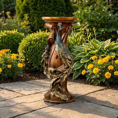 33 in. Brown Resin Peacock Carved Decorative Pedestal Plant Stand Table